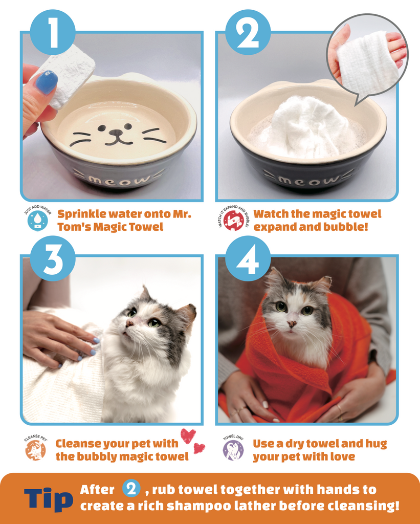 How it works: Step 1 - add towel to water, Step 2 - Watch the magic towel expand and bubble, Step 3 - Cleanse your lovely pet, Step 4 - Towel dry and hug your pet with love!