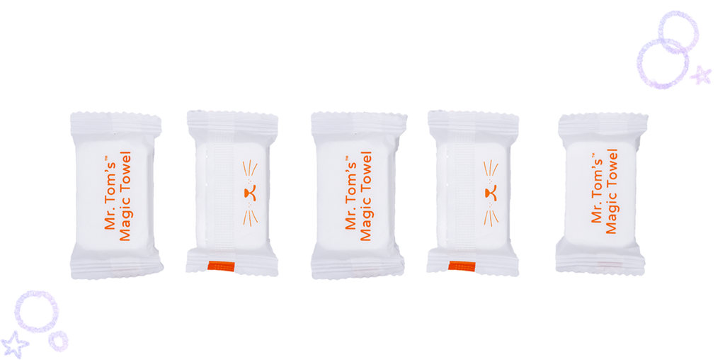 Individual compressed towels are hygienically packaged to prevent contamination